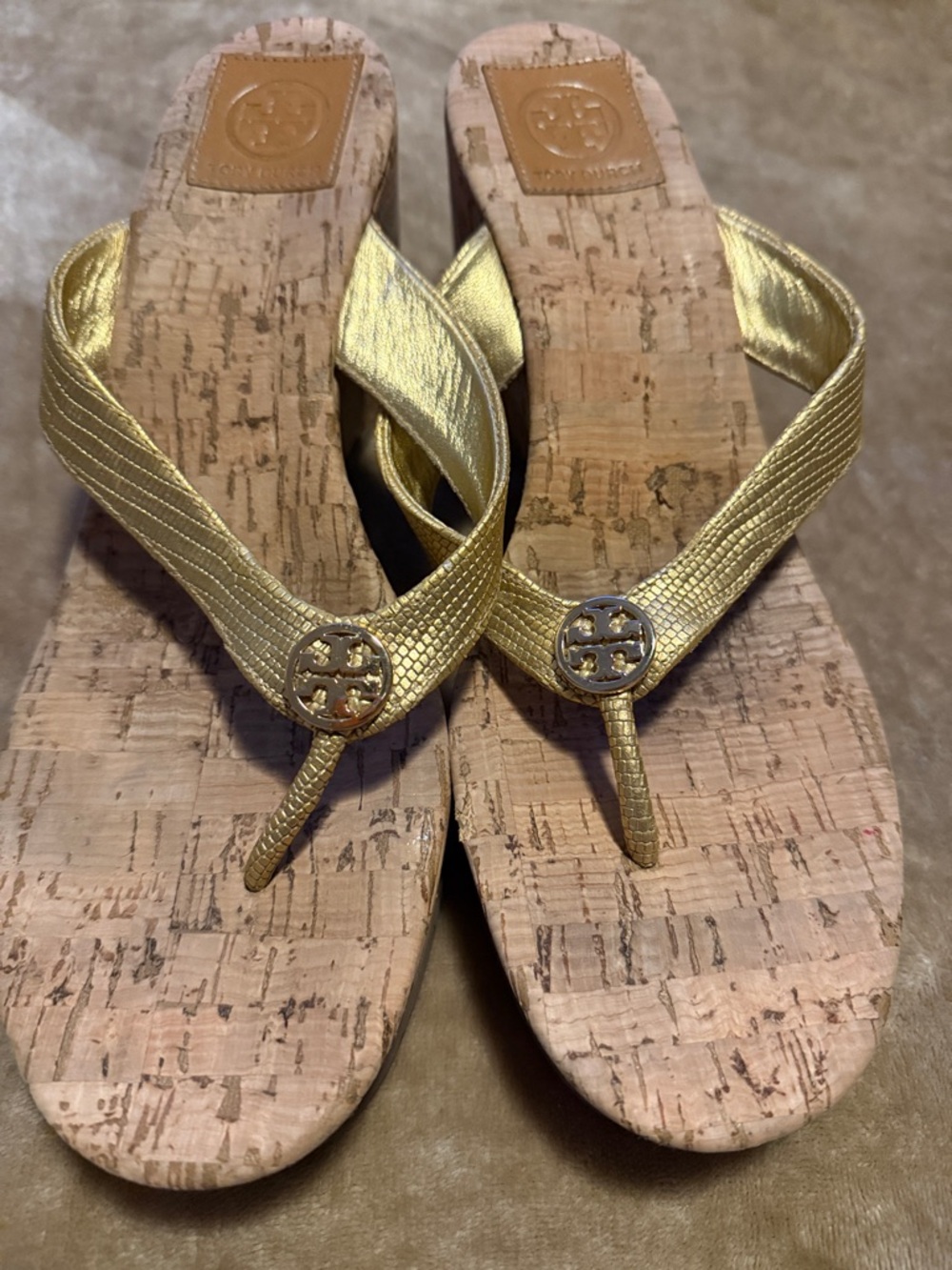 Tory Burch Gold Metallic Cork Wedge Thong Sandals with Logo Medallion